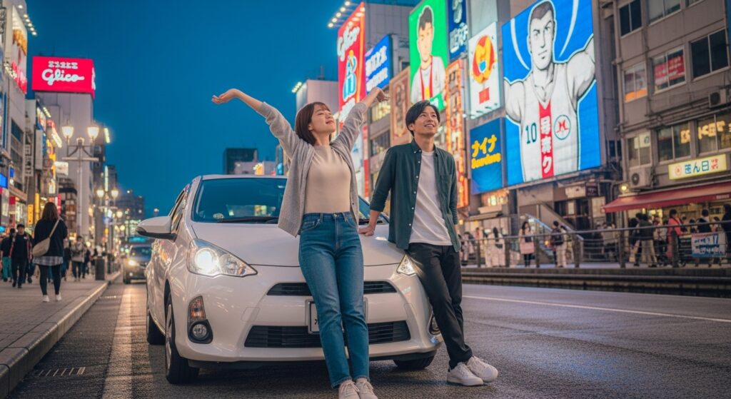 「大阪・道頓堀でカーシェアの車と記念撮影をする日本人カップル」