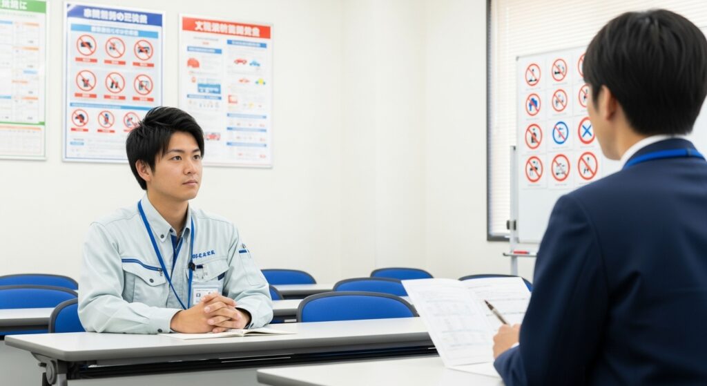 交通安全研修の教室で指導員の話を真剣に聞く若手社員。