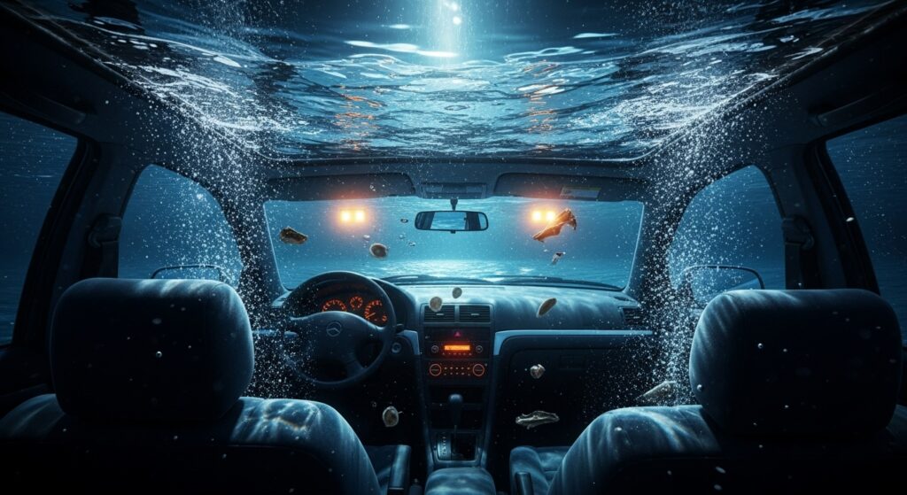 海中に沈んだ車の内部。水が車内に流れ込み、泡と破片が漂っている。