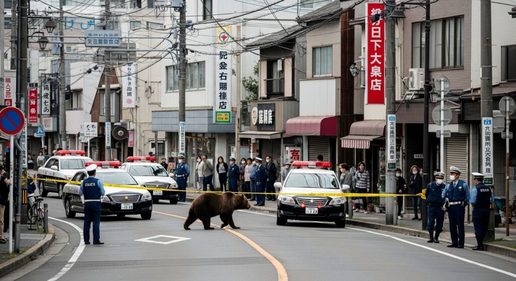 東北地方の市街地に熊が出没し、警察が道路を封鎖して対応している様子。周囲には住民が避難し、パトカーが並んでいる。