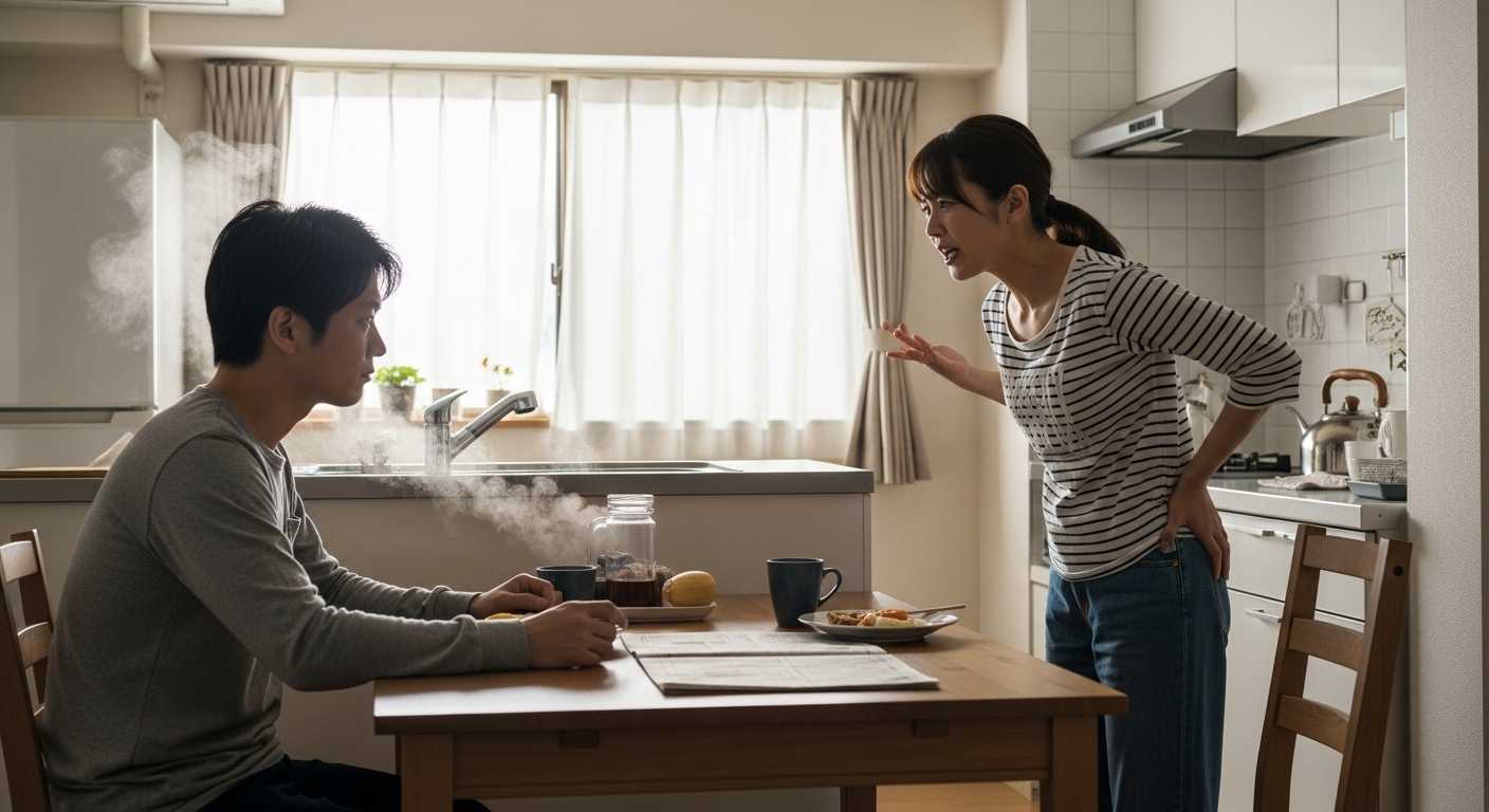 朝のキッチンで夫に感情をぶつける妻。食卓を挟んで向き合う夫婦の間に、言葉にならないストレスやすれ違いが漂う。