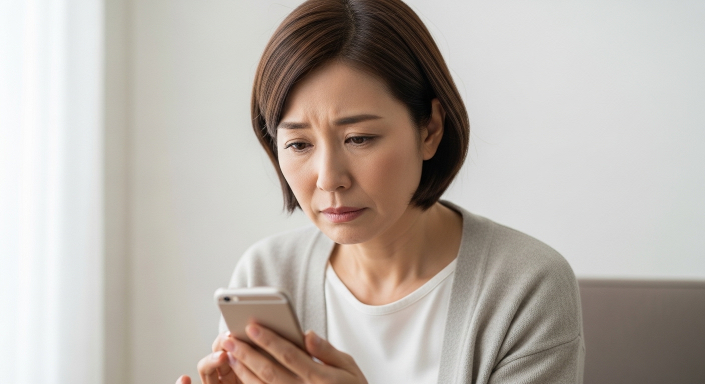 家族を想いながらスマホを見つめる女性。再び運転を始める決意を静かに固めている。