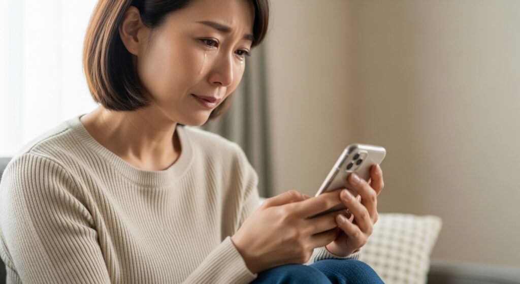 ペーパードライバー講習を前に、不安な気持ちでスマホを見つめる女性の様子