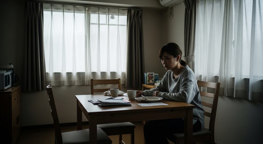 一人で食卓に座り、静かに思い悩む女性。カーテン越しの光が差し込む部屋の中で、他人との比較に心が揺れている様子。
