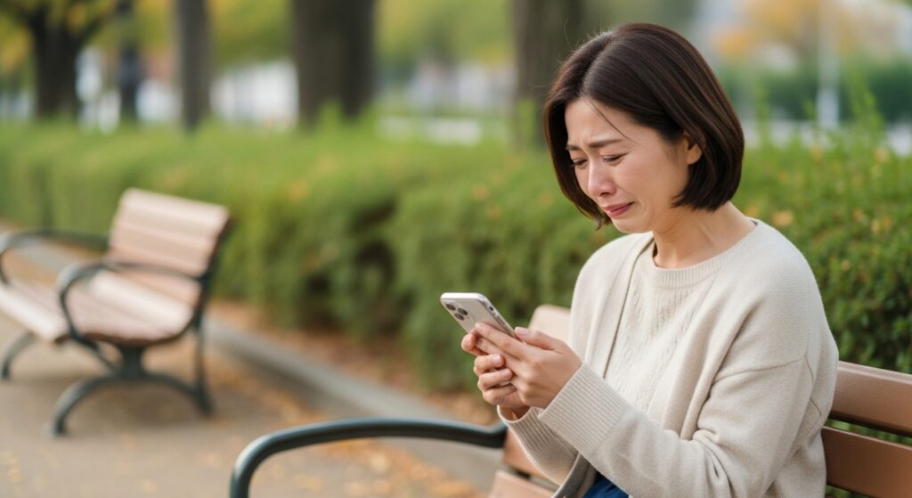 公園のベンチでスマホを見つめ、涙を流す女性。過去の事故を思い出し、再び運転に挑戦する決意を考えている。