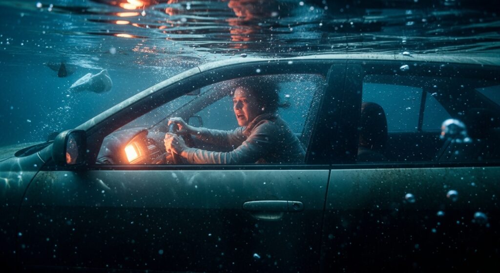 海に沈みかけた車の中で、女性が必死にハンドルを握り脱出しようとしている。水中には気泡が立ち上り、光が揺らめいている。