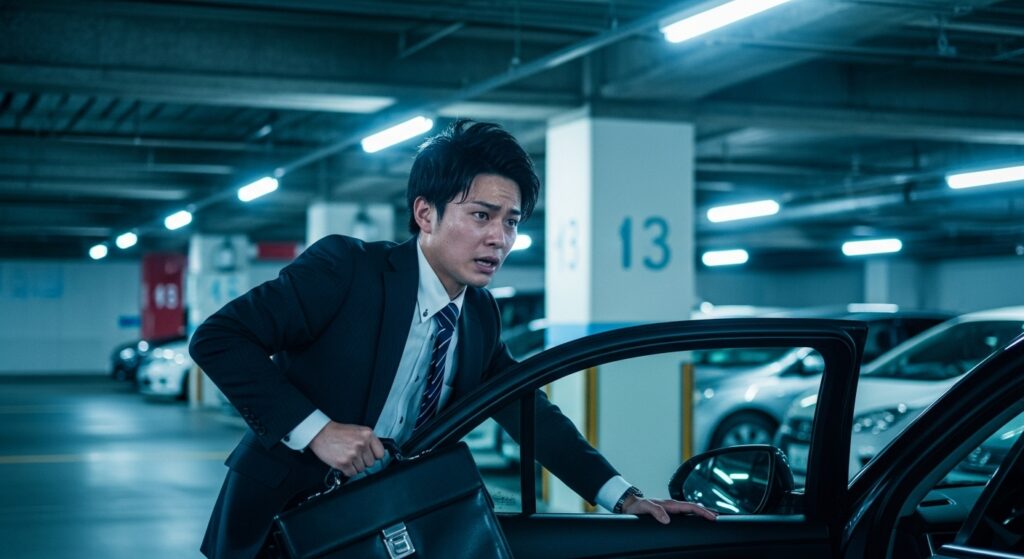 地下駐車場で社用車の前に立ち、運転に不安を感じながら焦る若手社員。