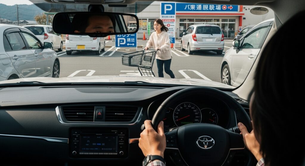 日本のスーパー駐車場で、女性がカートを押して車の前に現れるシーン。運転席から見た危険予測の重要性を示すリアルな瞬間。