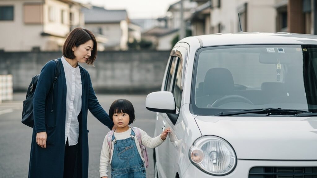 子どもの送り迎えのために車のそばに立ち、落ち着いた表情を見せる40代女性の様子