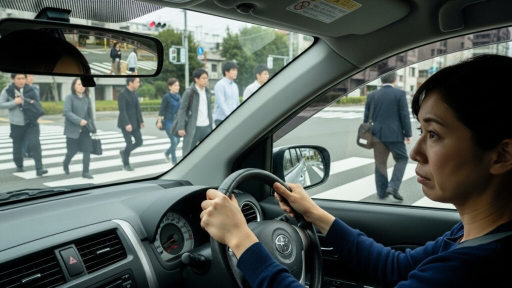 横断歩道を渡る歩行者を前に、車内で多くの情報を同時に確認している運転中の女性の様子