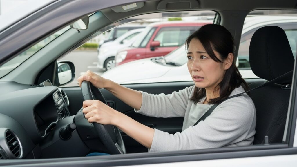 駐車場で周囲の状況に戸惑い、運転に不安を感じている女性の様子