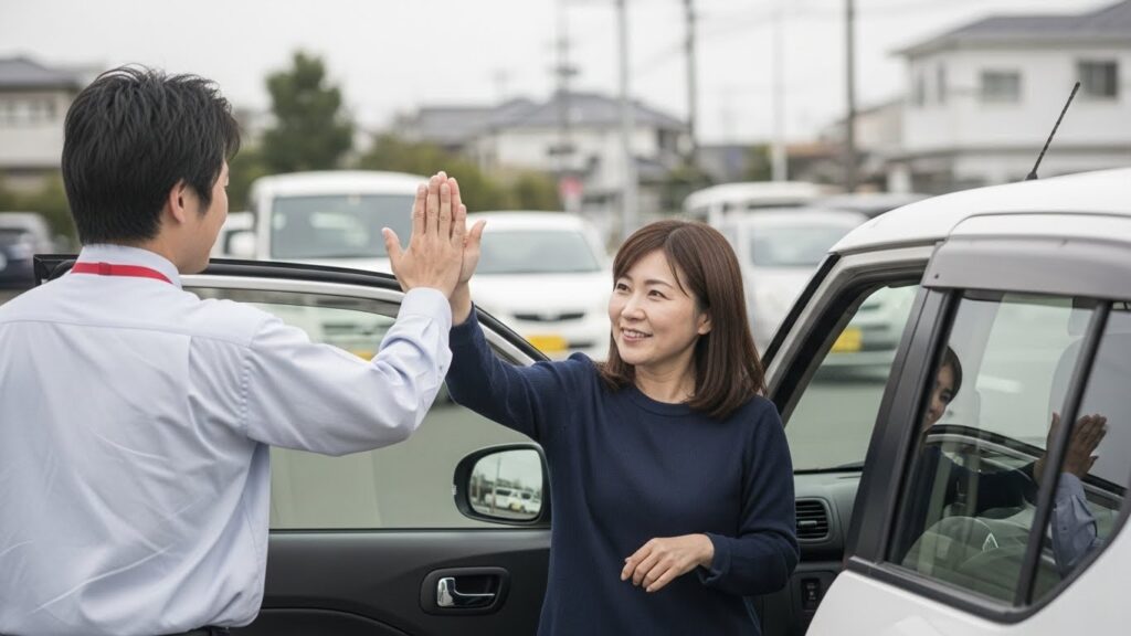 講習を終え、インストラクターとハイタッチして達成感を感じている女性の様子