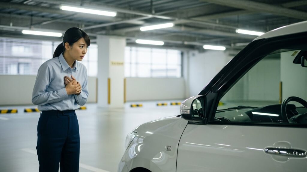 仕事で使う車を前に、地下駐車場で運転への不安を感じている女性の様子