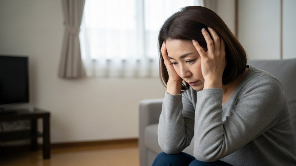 運転が怖くて不安を抱え、部屋で頭を抱える40代女性の様子