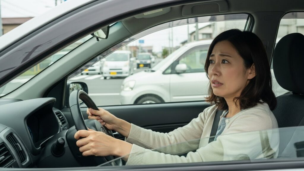 交差点で周囲の状況を確認しながら、落ち着いて運転しようとする女性の様子