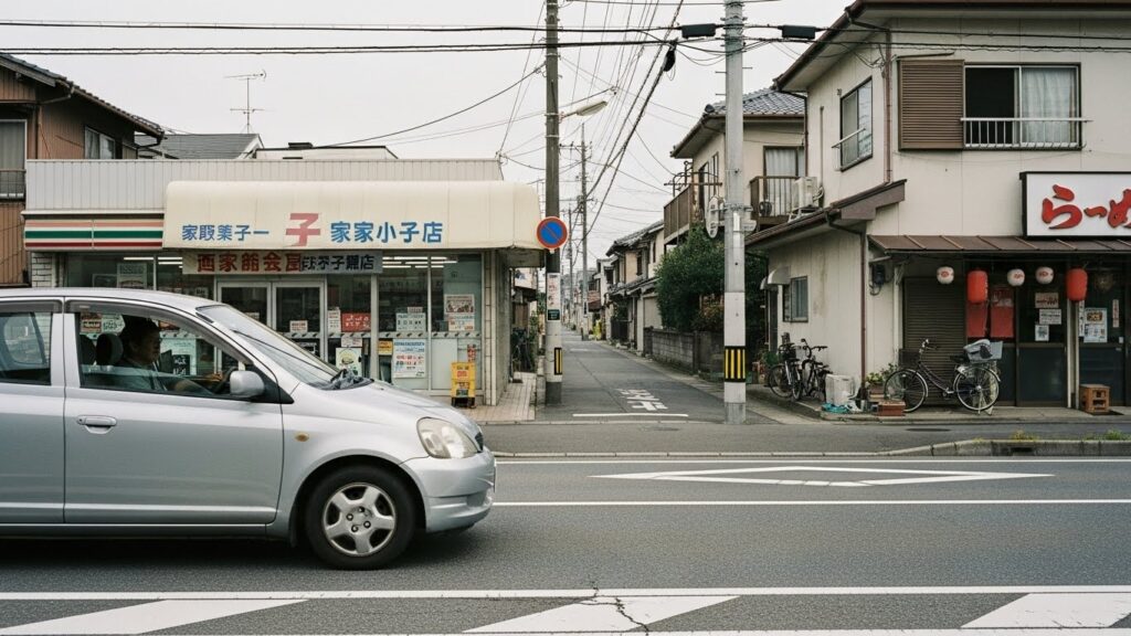 交通量が少ない生活道路で、運転練習に適したルートを走行する車の様子
