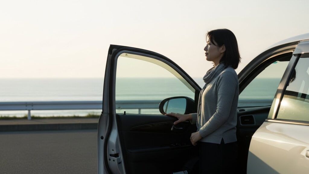 車を降りて朝の海を眺めながら、運転再開後の自由な時間を感じている女性の様子