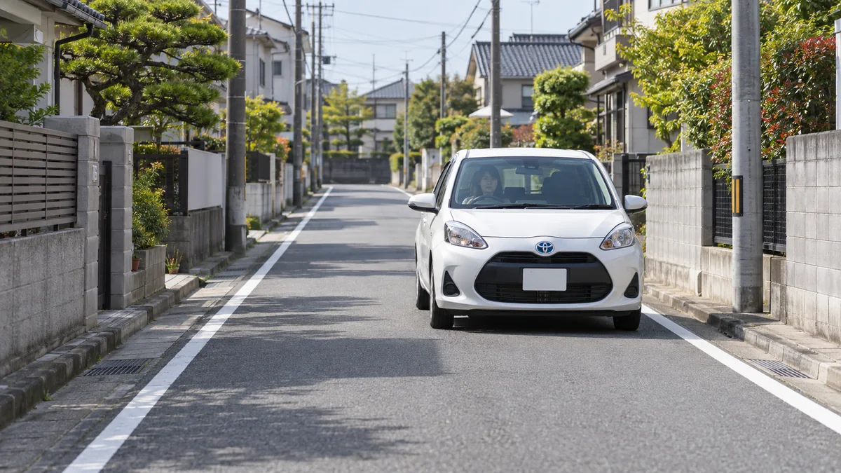 「標識がない道」をどう読むか：中央線のない道路では、標識・標示と道路の区分を確認する（生成したイメージ画像）