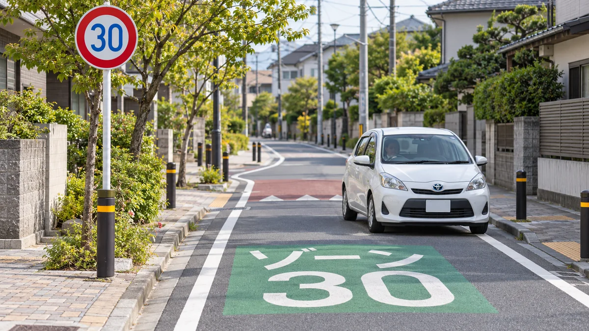 ゾーン30や個別の速度指定との関係：ゾーン30の規制と、道路区分による法定速度は確認する仕組みが異なる（生成したイメージ画像）